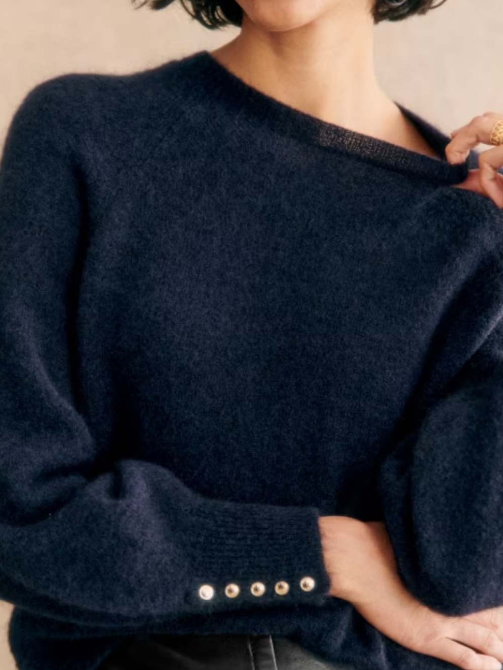 Sezane Women's Crewneck Sweater in Dark Navy with Button Cuffs